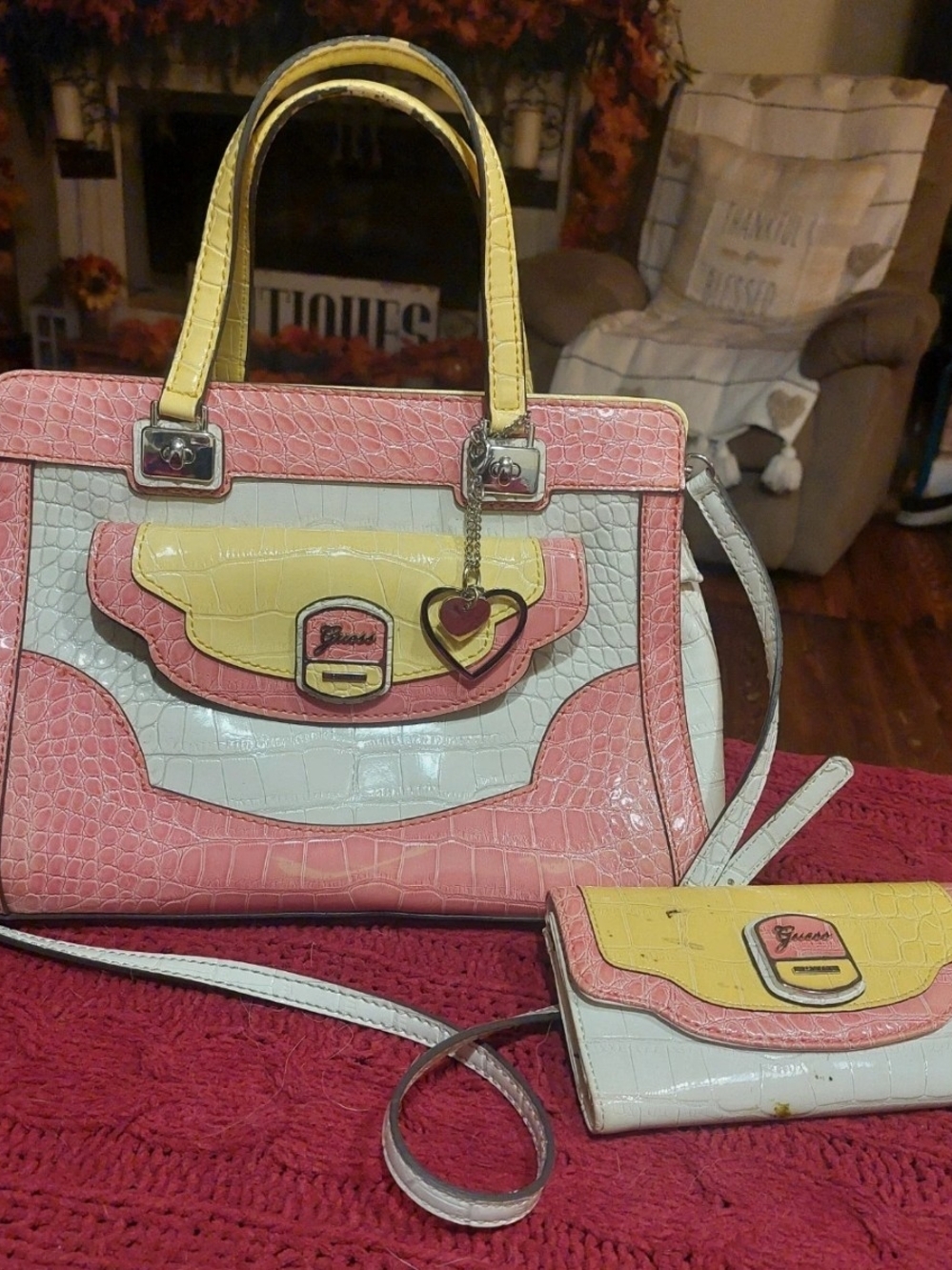 Guess Croc-Embossed Colorblock Tote and Wallet Set - Pink/Yellow/White